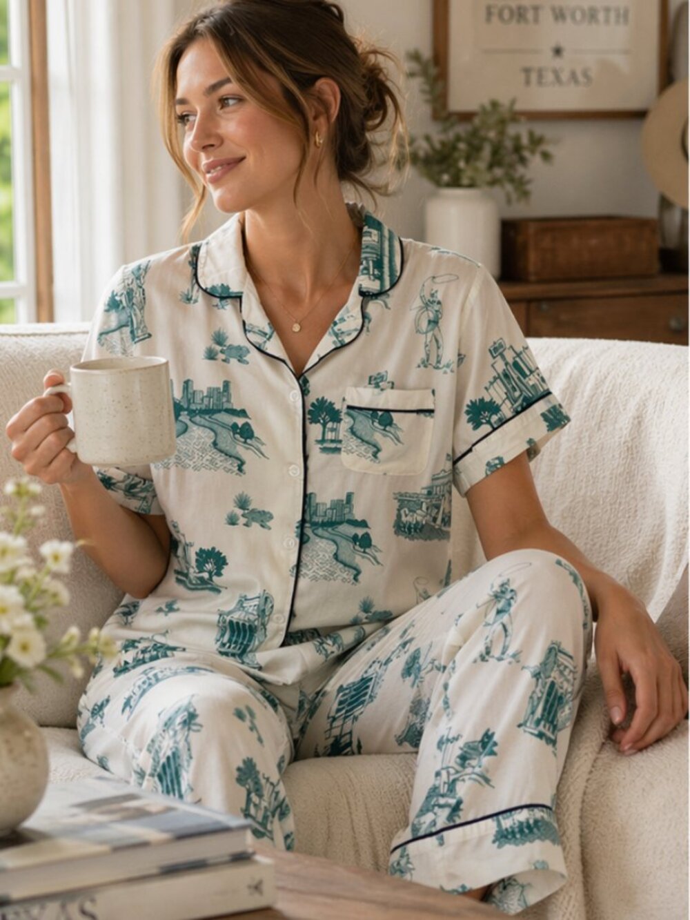 Katie Kime Texas Toile Pajama Set XL Cotton Western Fort Worth Print Women's